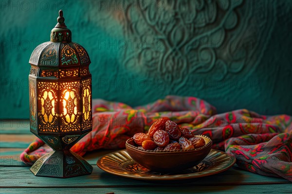Ramadan lantern with a plate of succulent figs, set on an ornate table with intricate designs,