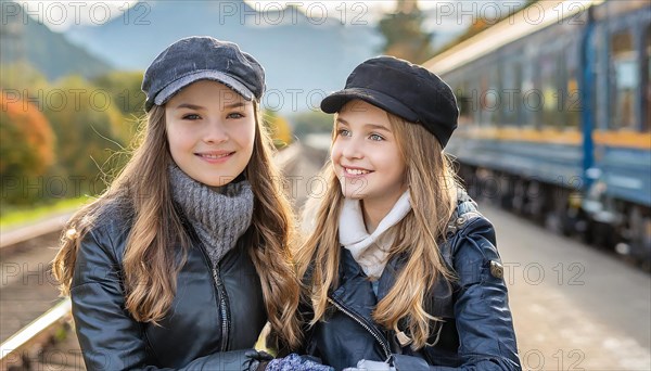 AI generated, Two young blonde woman want to travel and wait in the station for the train, 18,
