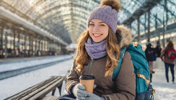 AI generated, A young blonde woman wants to travel and waits for the train at the station, 20, 25,