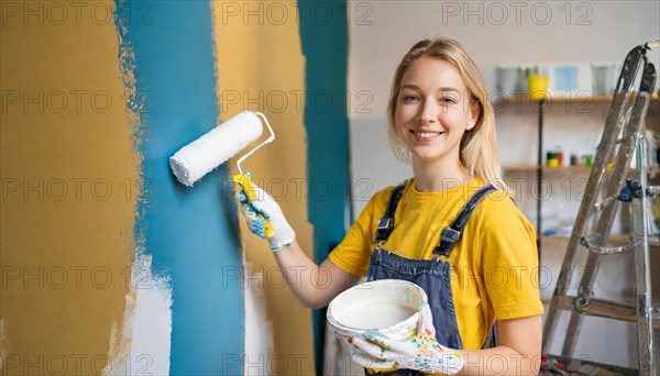 AI generated, woman, woman, a young girl paints a wall with new paint, white, white, renovation of