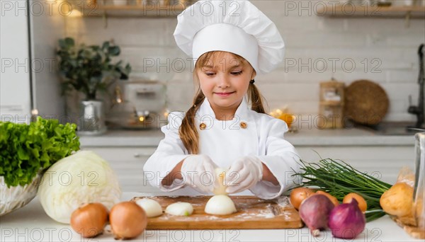 AI generated, human, humans, person, persons, child, children, 8 year old girl cutting onions in a