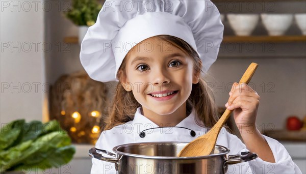 AI generated, human, humans, person, persons, child, children, 8 year old girl cooking a vegetable
