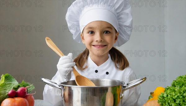 AI generated, human, humans, person, persons, child, children, 8 year old girl cooking a vegetable