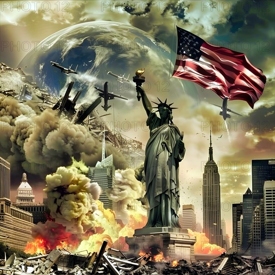 A collage of New York, with the Statue of Liberty, explosions, collapsing skyscrapers US flag and