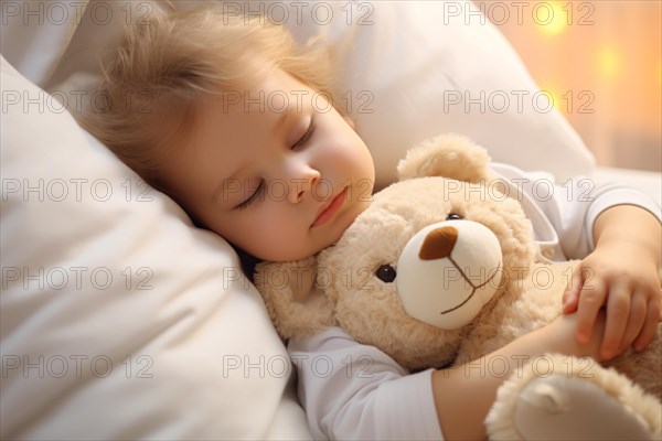 Small toddler child sleeping in bed while hugging teddy bear toy. KI generiert, generiert AI