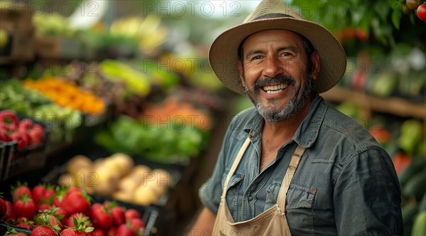 Cheerful man with a hat standing at a produce stand filled with fresh vegetables, ai generated, AI