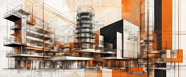 Sketch and orange color overlay of a modern, conceptual urban building design, horizontal aspect