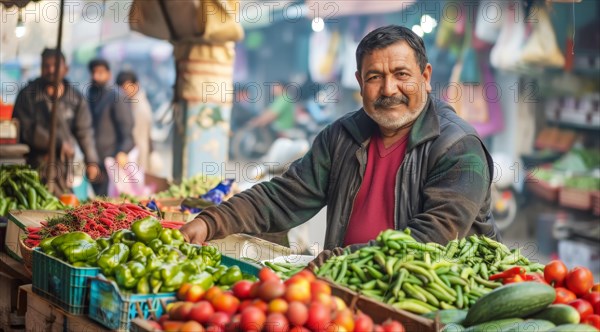 Cheerful vendor in a warm jacket at a vegetable stand filled with bell peppers and tomatoes, ai