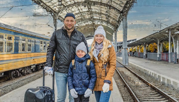 AI generated, A young family wants to travel and waits in the station for the train, 30, 35, years,