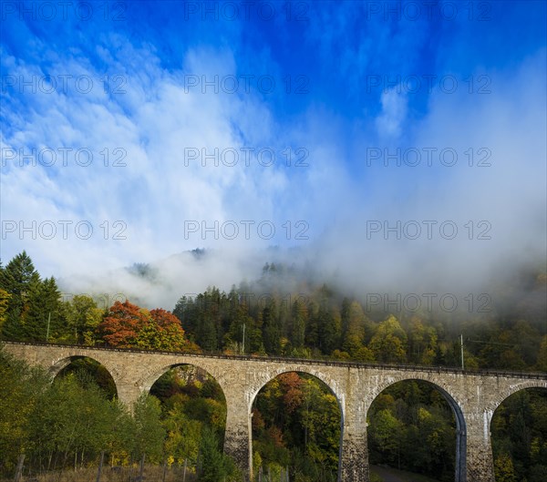 Railway bridge in the Ravenna Gorge, Hoellental in autumn, near Freiburg im Breisgau, Black Forest,