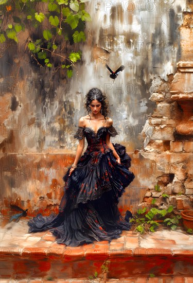 Painting of a Spanish woman with long dark hair, in a black dress with red elements, standing in