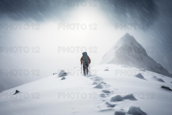 A mountaineer in mountains approaching a majestic snowy mountain peak amidst a snowfall and snow