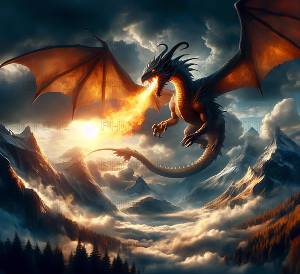A fire-breathing dragon flies in the sky, symbolic image fantasy, fantasy, fairy tale, myth,