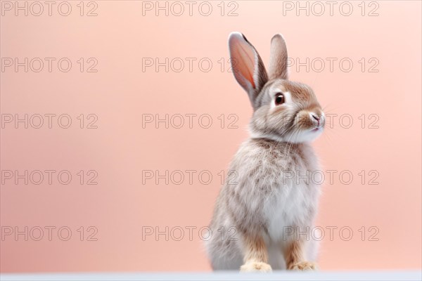 Bunny in front of pink studio background. Dog with Halloween witch hat on purple backgroundKI