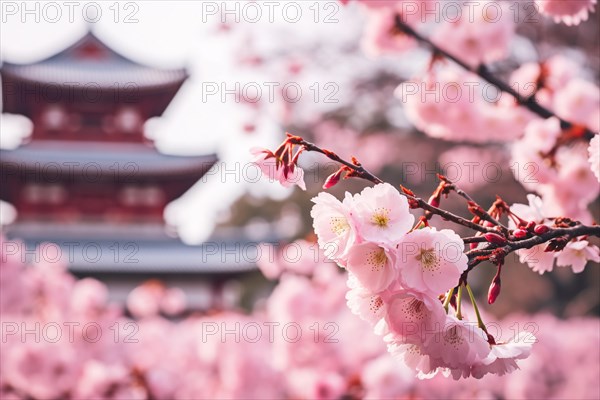 Japanese cherry flower blossom with blurry Asian temple building entrance gate in background. KI