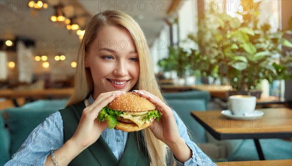 AI generated, human, humans, person, persons, woman, woman, 25, years, sits in restaurant, a