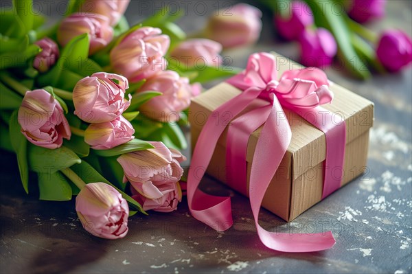 Gift Box with Pink Ribbon Beside bouquet of Fresh Tulips. Background for Valentine day, March 8,