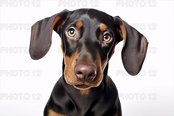 Portrait of DObermannd og with long floppy ears on white background. KI generiert, generiert AI