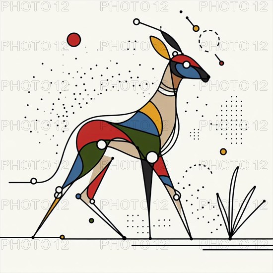 Dynamic abstract illustration of a gazelle crafted with geometric shapes and color blocks,