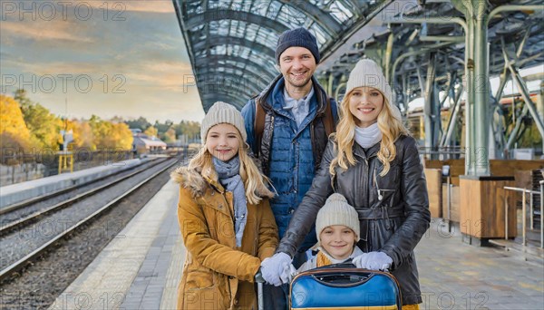 AI generated, A young family wants to travel and waits in the station for the train, 30, 35, years,
