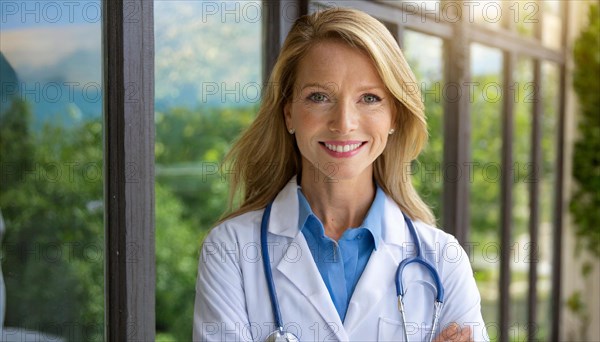 AI generated, A young pharmacist in her pharmacy, portrait, 30, 35, years, female, blonde, blond,