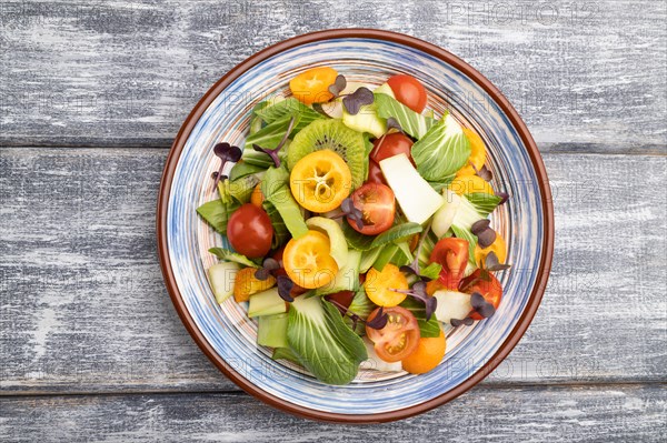 Vegetarian salad of pac choi cabbage, kiwi, tomatoes, kumquat, microgreen sprouts on gray wooden