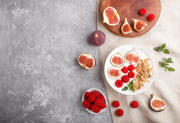 Yoghurt with raspberry, granola and figs in white plate on a gray concrete background and linen