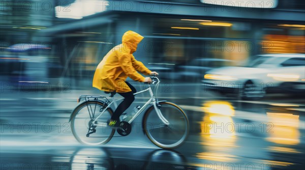 Cyclist in yellow suit races across wet, light-reflecting road in the rain, AI generated, AI