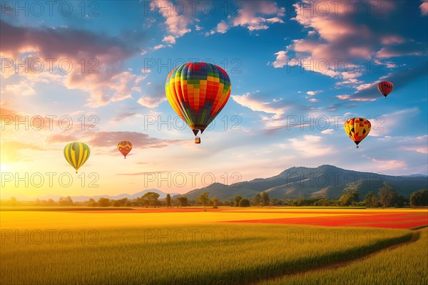 A colorful hot air balloons floats in sky over a blooming field meadow of flowers landscape at