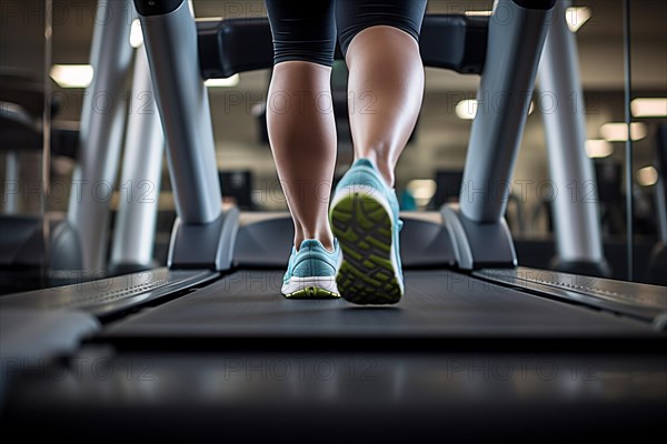 Back view of woman with sport shoes on treadmill in fitness studio. KI generiert, generiert AI