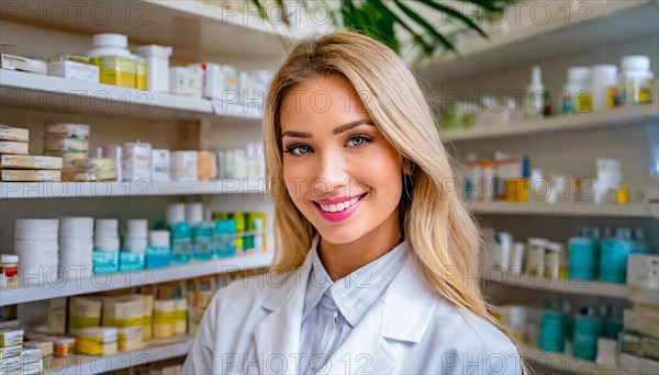 AI generated, A young pharmacist in her pharmacy, portrait, 30, 35, years, female, blonde, blond,
