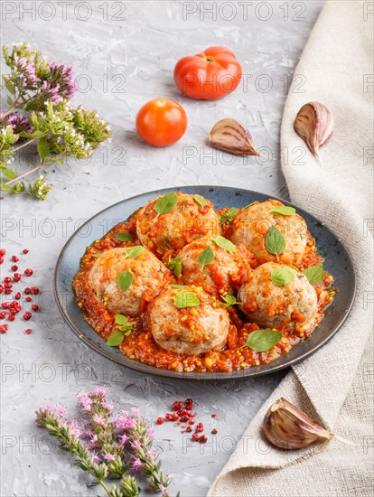 Pork meatballs with tomato sauce, oregano leaves, spices and herbs on blue ceramic plate on a gray