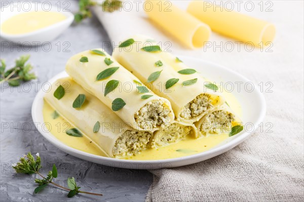 Cannelloni pasta with egg sauce, cream cheese and oregano leaves on a gray concrete background with