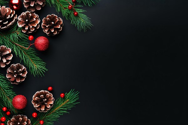 Seasonal Christmas decoration with fir cones and branches and red berries on side of black