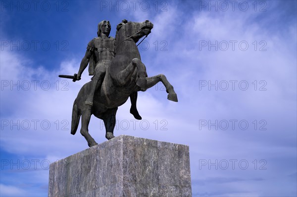 Statue, monument, military leader Alexander the Great on his horse Voukefalas, promenade,