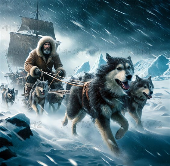 A polar explorer drives in a dog sled through a snowy landscape in the Antarctic in snow, cold and