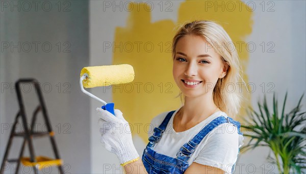 AI generated, woman, woman, a young girl paints a wall with new paint, yellow, yellow, renovation