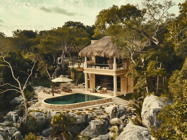 A luxurious tropical villa with a thatched roof overlooks a serene swimming pool surrounded by lush