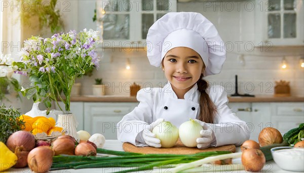 AI generated, human, humans, person, persons, child, children, 8 year old girl cutting onions in a
