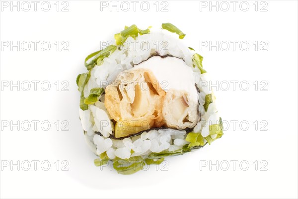 Japanese maki sushi rolls with green onion, isolated on white background. Top view, close up,