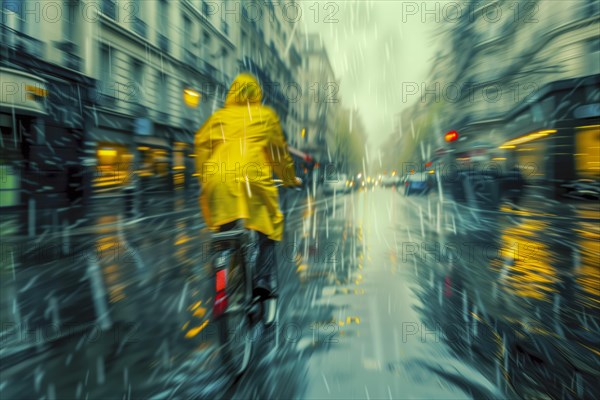 Person in yellow mackintosh riding a bike on a wet road in heavy rain, captured with motion blur,