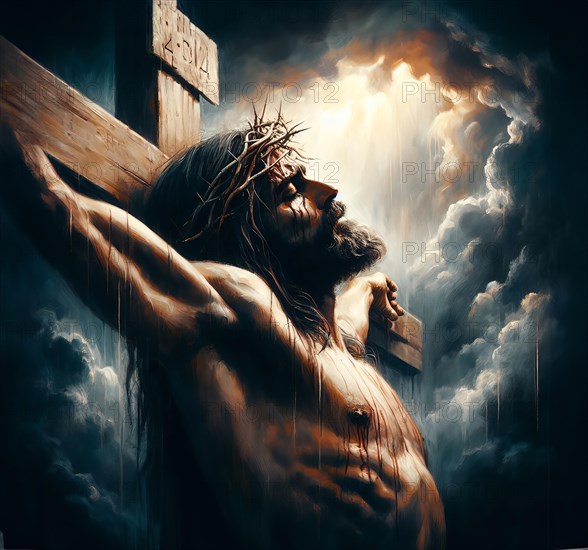 Jesus Christ crucified with the crown of thorns on the cross, symbolic image myth, religion,