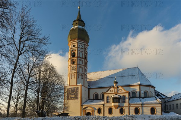 Andechs Monastery in winter, sunset, Fuenfseenland, Pfaffenwinkel, Upper Bavaria, Bavaria, Germany,