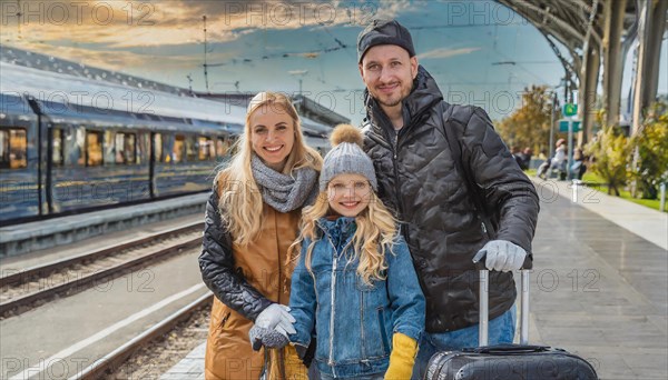 AI generated, A young family wants to travel and waits in the station for the train, 30, 35, years,