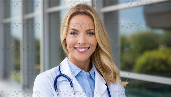 AI generated, A young pharmacist in her pharmacy, portrait, 30, 35, years, female, blonde, blond,