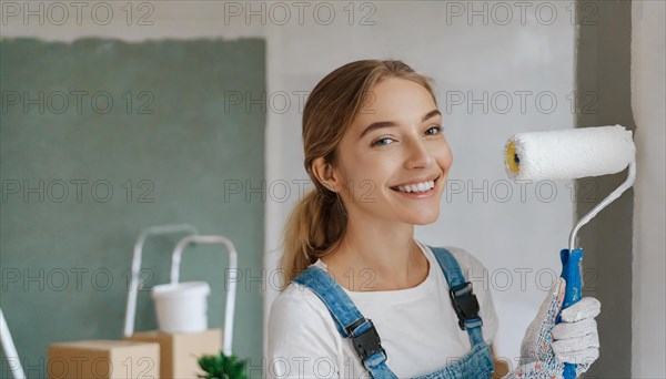 AI generated, woman, woman, a young girl paints a wall with new paint, white, whiter, white,