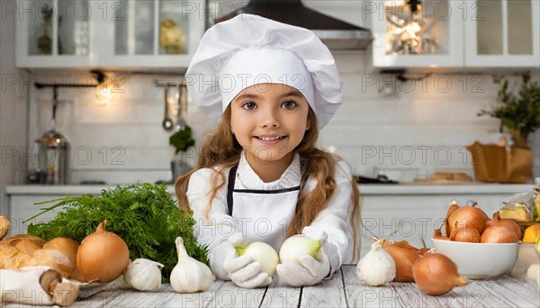 AI generated, human, humans, person, persons, child, children, 8 year old girl cutting onions in a