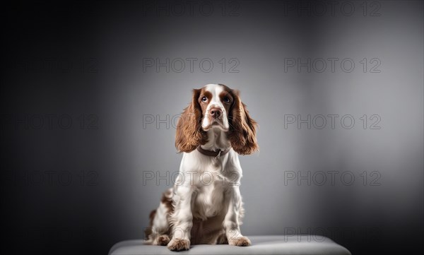 English cocker spaniel young dog posing. white and brown dog or pet playing happy, isolated, AI