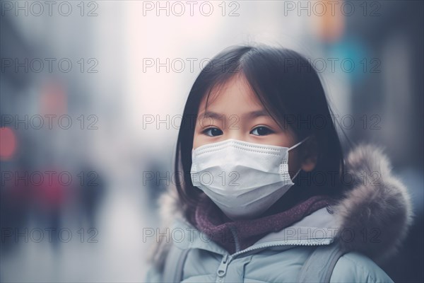 Young Asian girl child covering mouth with medical face mask in city full of smog pollution. KI