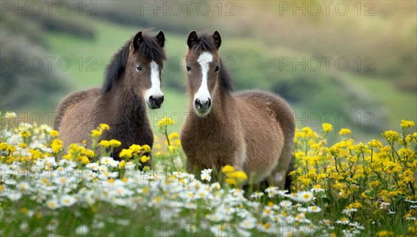 KI generated, animal, animals, mammal, mammals, biotope, habitat, two, flower meadow, foraging,